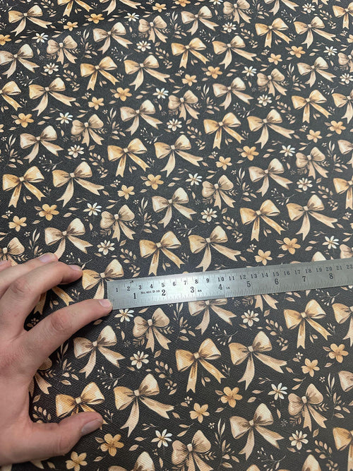 Black-Gold Bow YARD Leather , DIY Leather , faux leather , leather fabric , printed leather , leather sheets , custom print