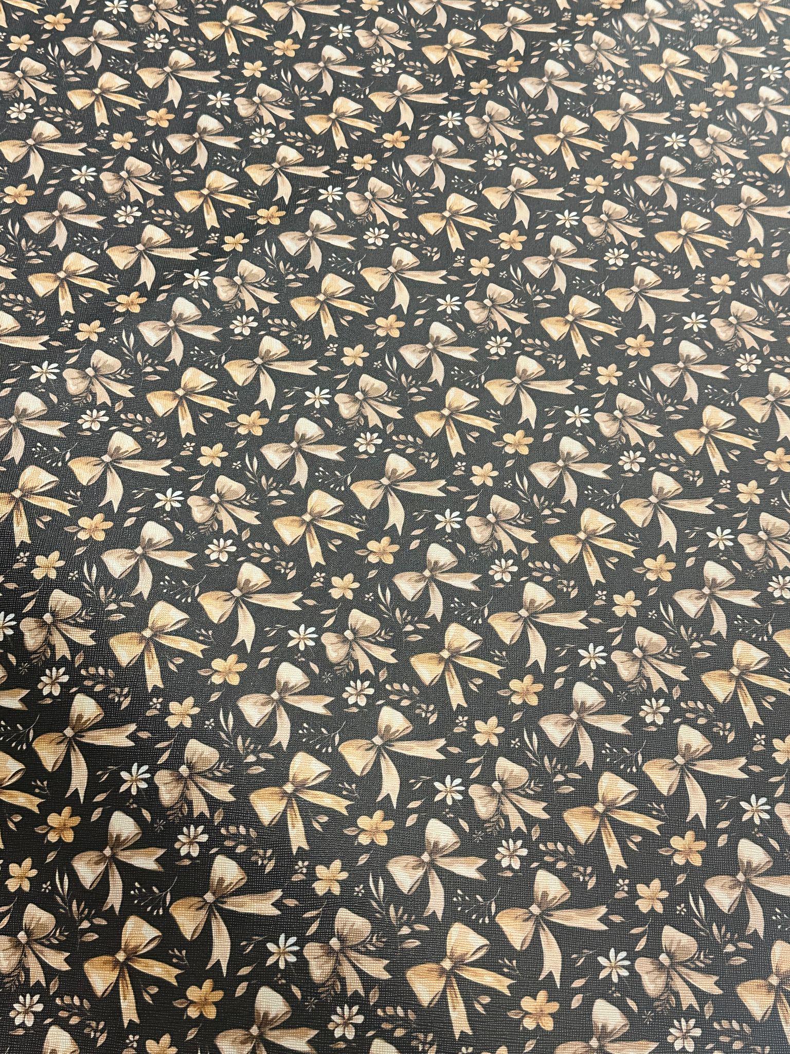 Black-Gold Bow YARD Leather , DIY Leather , faux leather , leather fabric , printed leather , leather sheets , custom print
